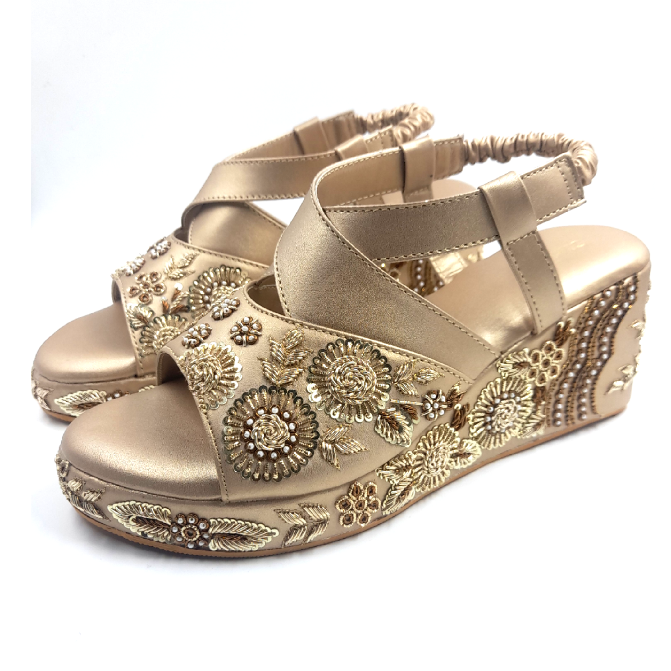 Gold embroidered Indian Bridal Wedges Heel Shrivas by Archita Mehta