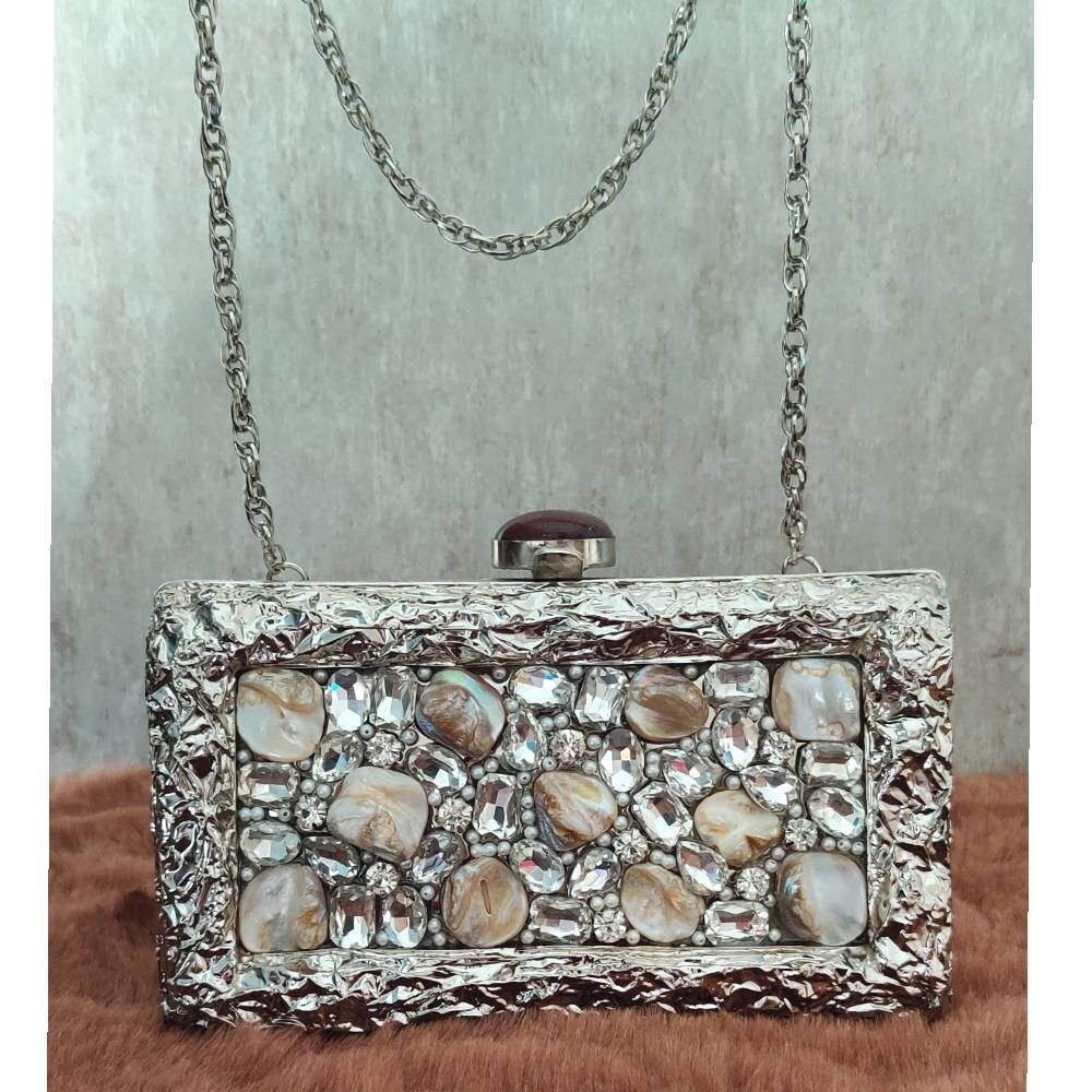Silver Brass Clutch  , Party Purse Indian Zardozi Clutch Sling, Wedding Bridal Bag, Embellished Embroidered Evening Clutch, Gift