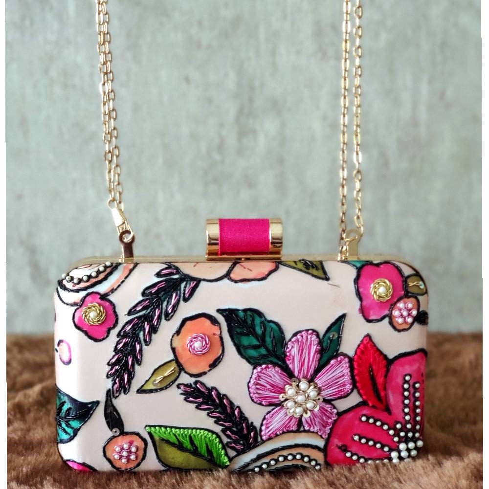 Peach color floral printed Embroidered embellished Evening Clutch  , Party Purse Indian Zardozi Clutch Sling,Wedding Bridal Bag,Gift for her
