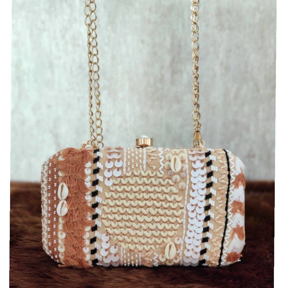 Beige Boho Clutch Handbag , Party Purse Indian Clutch Sling, Wedding Bridal Bag, Embellished Embroidered Evening Clutch, Gift