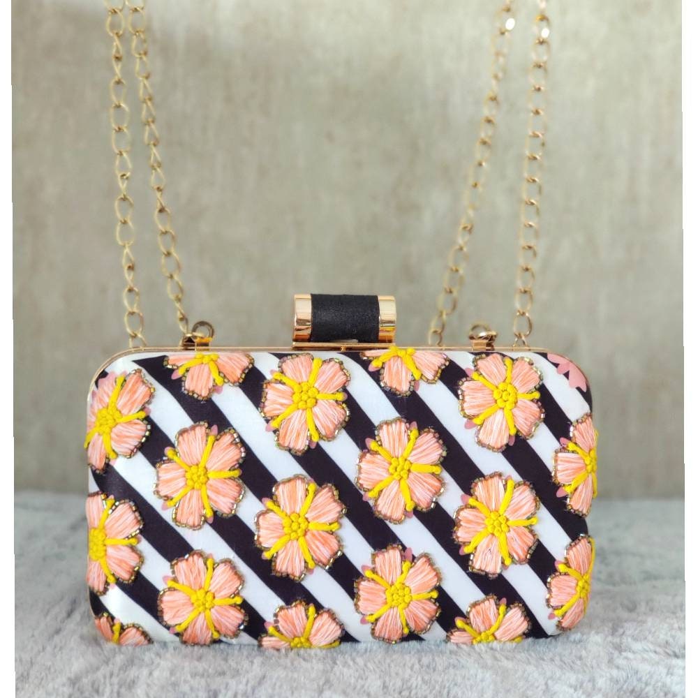 White floral printed Embroidered embellished Evening Clutch  , Party Purse Indian Zardozi Clutch Sling,Wedding Bridal Bag,Gift for her