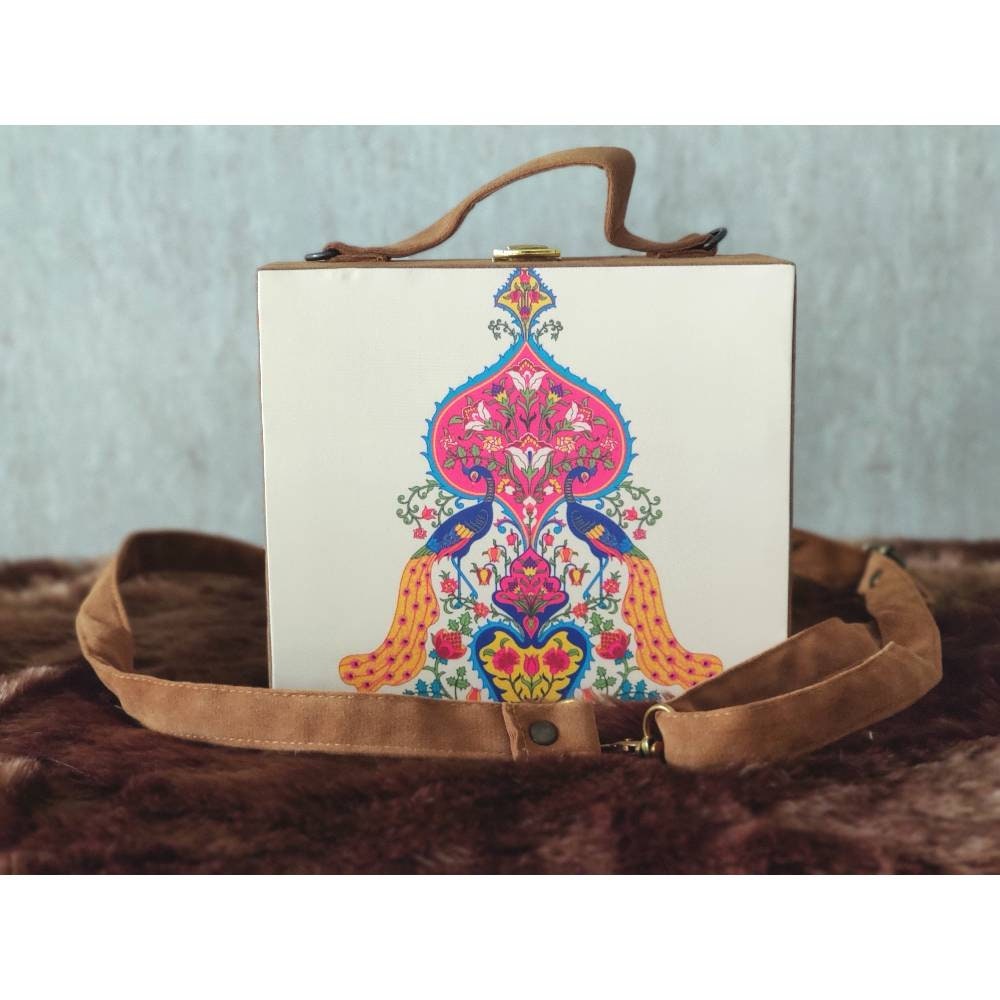 Brown suede MDF Box Clutch Handbag , Party Purse, Cream Printed Box clutches handbags, Wooden clutches, Gift