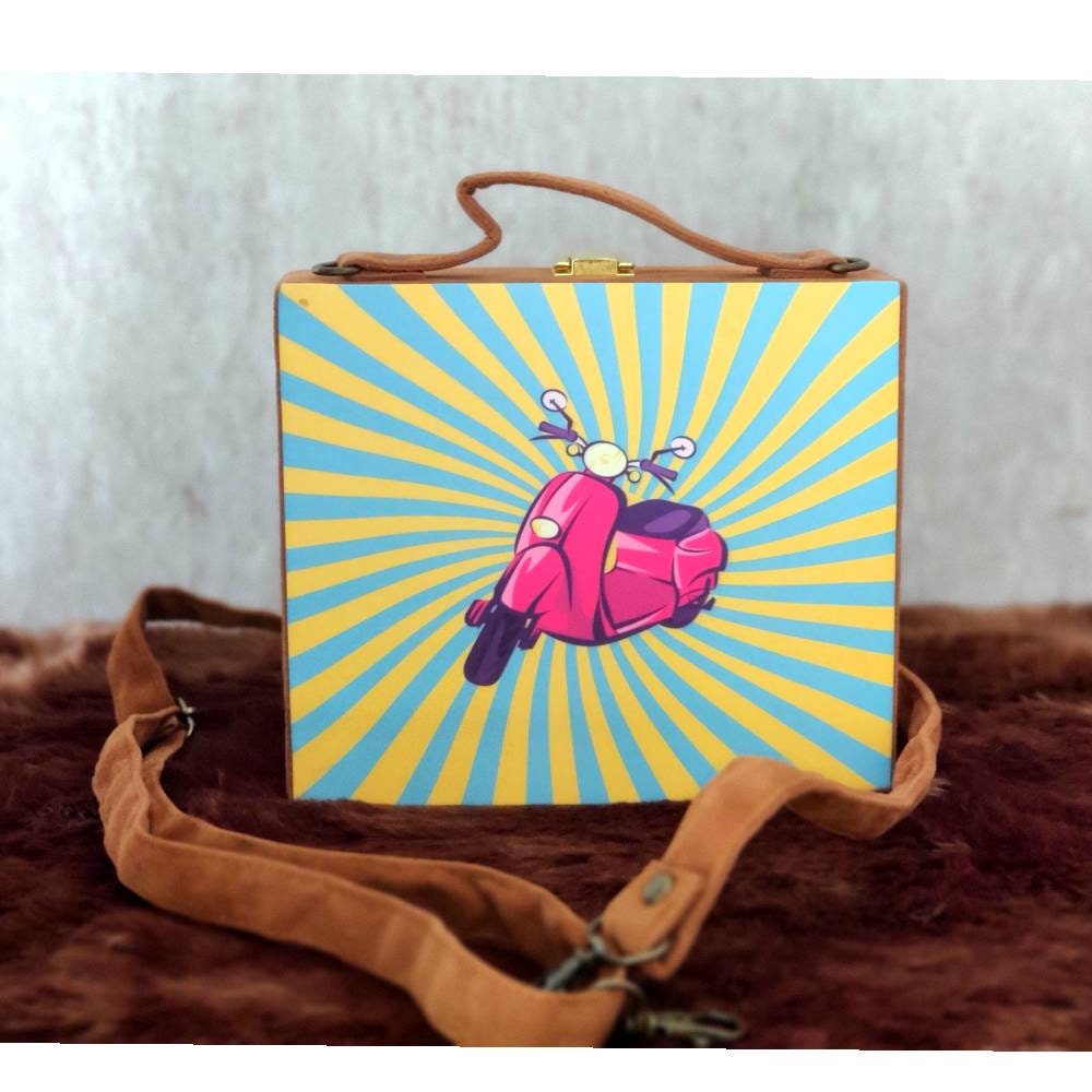 Brown suede MDF Box Clutch Handbag , Party Purse, Printed Box clutches handbags, Wooden clutches, Gift