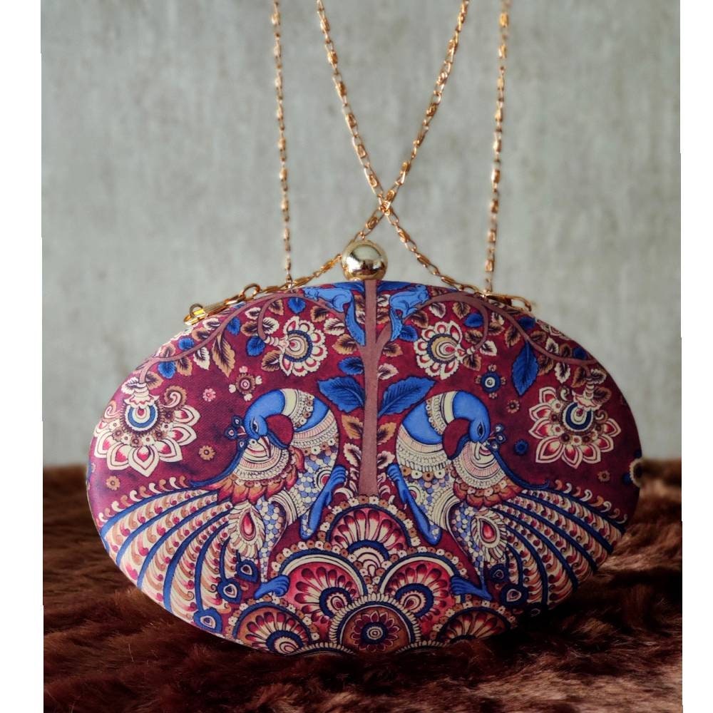 Maroon Printed  Metal evening Clutch handbags | Evening clutches | Indian art bags | Gift for girlfriend| Gift for sister | Birthday gift