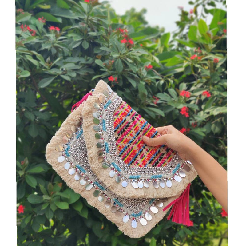 Cream Banjara Bag, Boho Clutch, Beaded Bohemian Purse, Fashion Sling Bag, Embroidered Bag, Crossbody Bag, Jute Burlap Bag, Tassel Bag