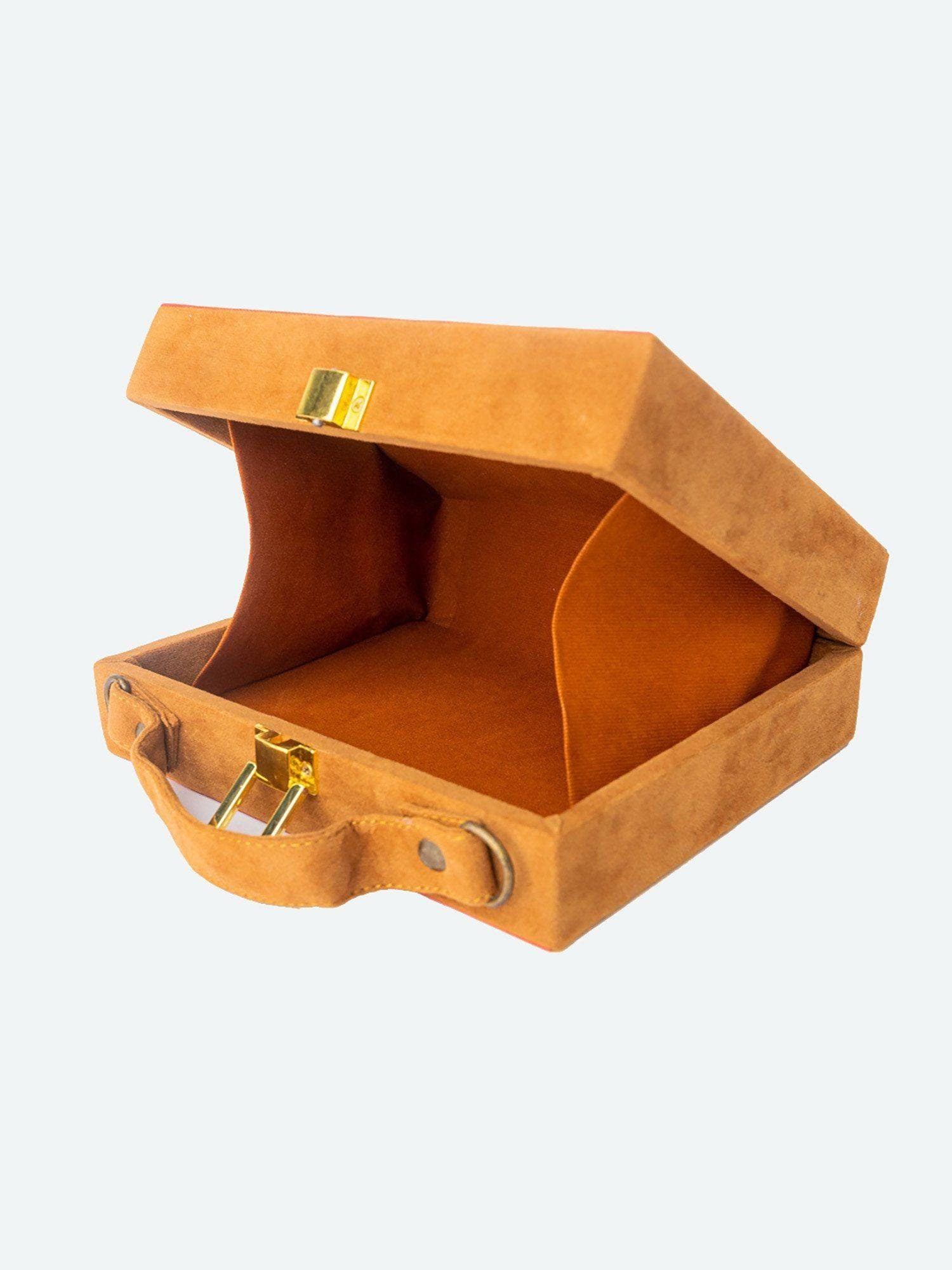 Brown suede MDF Box Clutch Handbag , Party Purse, Printed Box clutches handbags, Wooden clutches, Gift