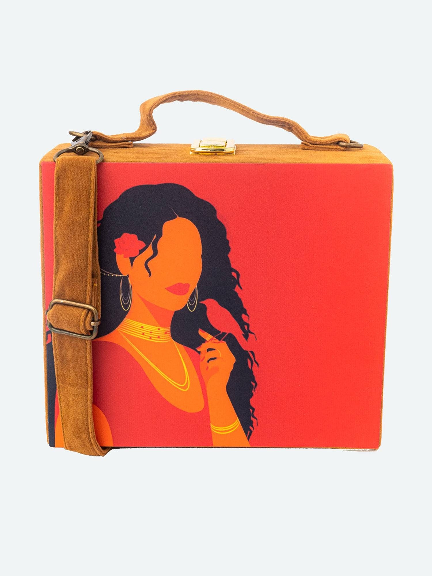 Brown suede MDF Box Clutch Handbag , Party Purse, Maroon Printed Box clutches handbags, Wooden clutches, Gift