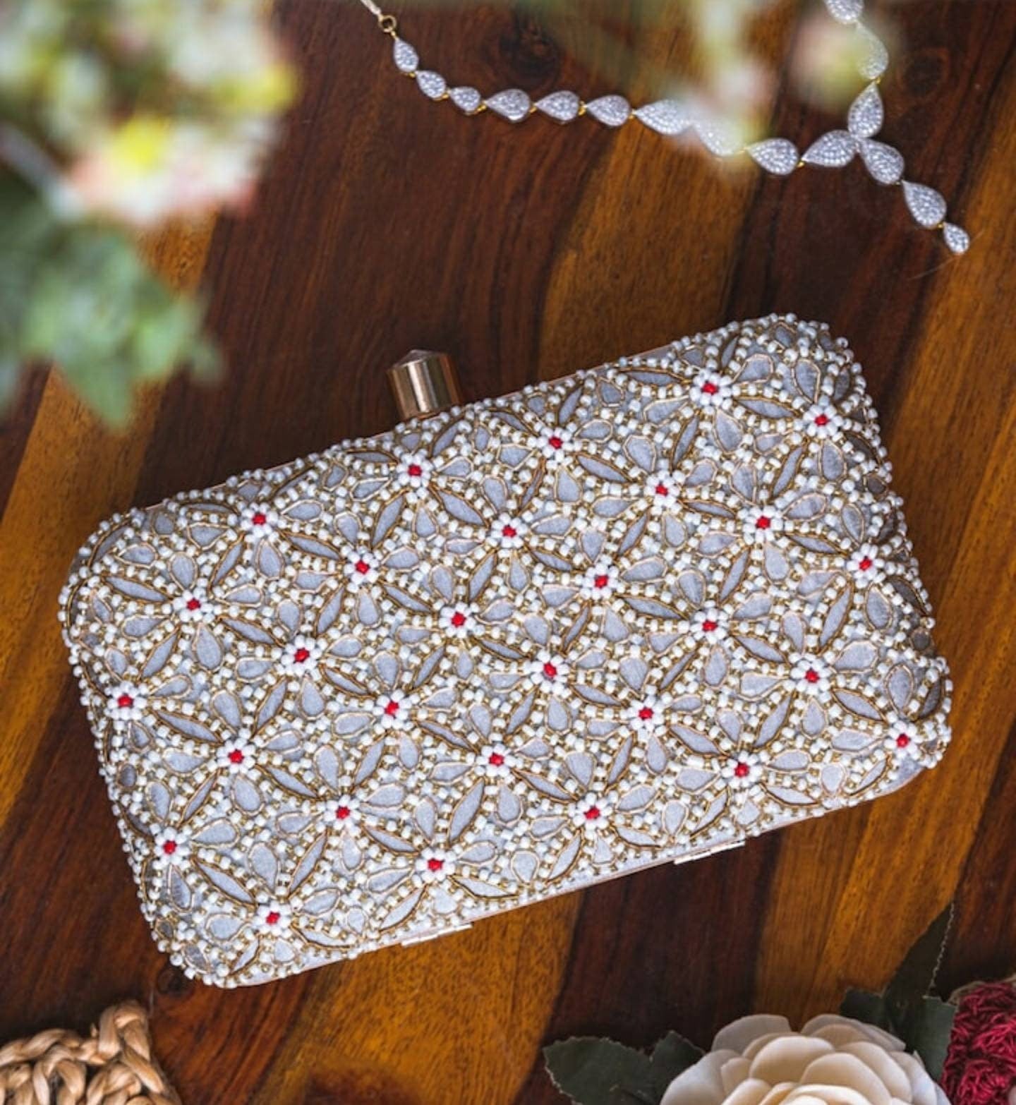 Silver Evening Clutch Handbag , Party Purse Indian Zardozi Clutch Sling, Wedding Bridal Bag, Embellished  Evening Clutch, Gift