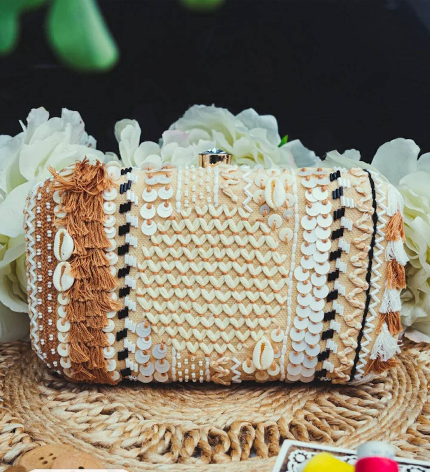 Beige Boho Clutch Handbag , Party Purse Indian Clutch Sling, Wedding Bridal Bag, Embellished Embroidered Evening Clutch, Gift