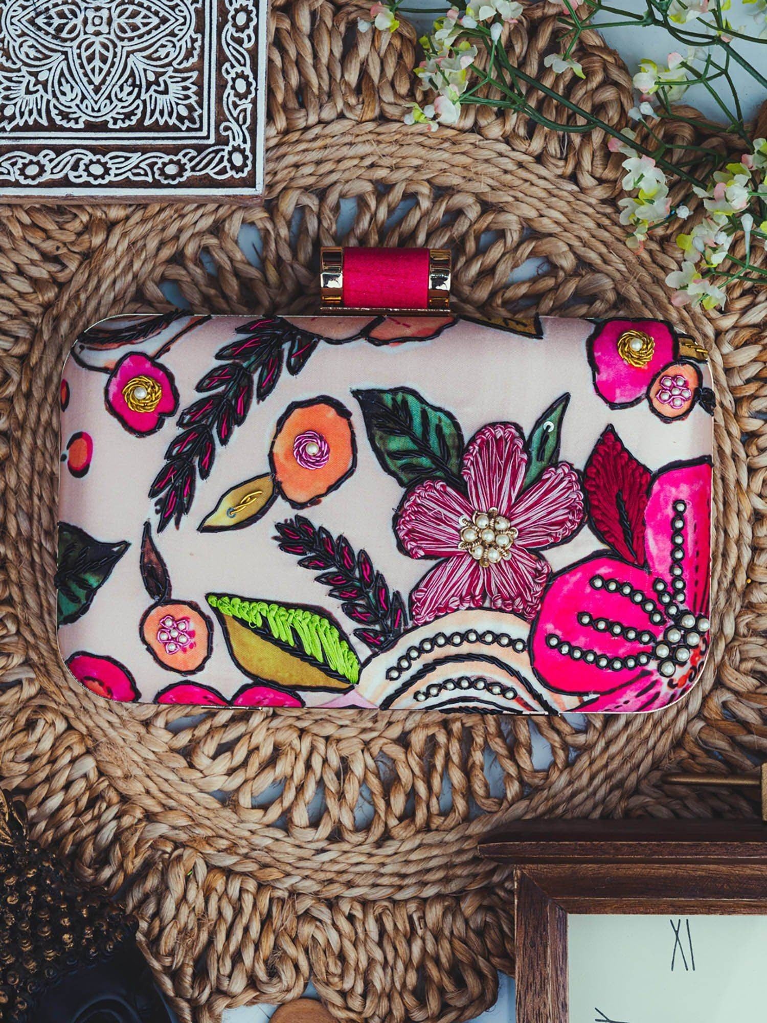 Peach color floral printed Embroidered embellished Evening Clutch  , Party Purse Indian Zardozi Clutch Sling,Wedding Bridal Bag,Gift for her