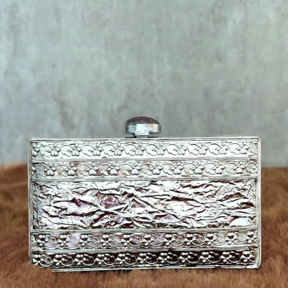 Silver Brass Clutch  , Party Purse Indian Zardozi Clutch Sling, Wedding Bridal Bag, Embellished Embroidered Evening Clutch, Gift