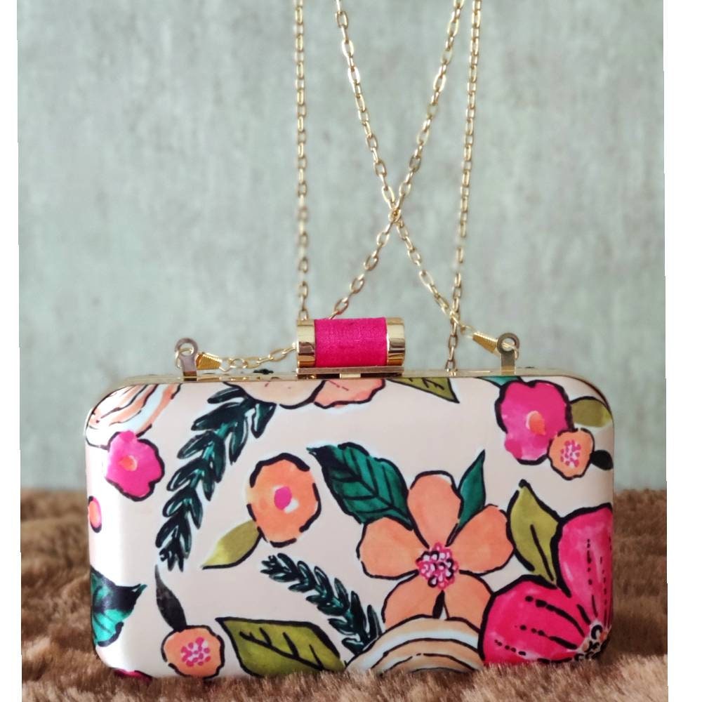 Peach color floral printed Embroidered embellished Evening Clutch  , Party Purse Indian Zardozi Clutch Sling,Wedding Bridal Bag,Gift for her