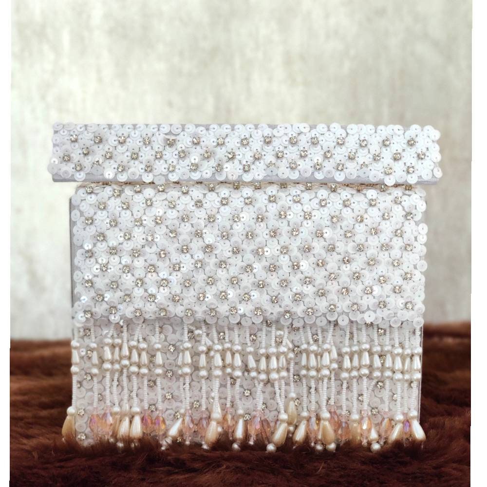White Evening Clutch Handbag , Party Purse Indian Zardozi Clutch Sling, White Wedding Bridal Clutch Bag,  Embroidered Evening Clutch, Gift