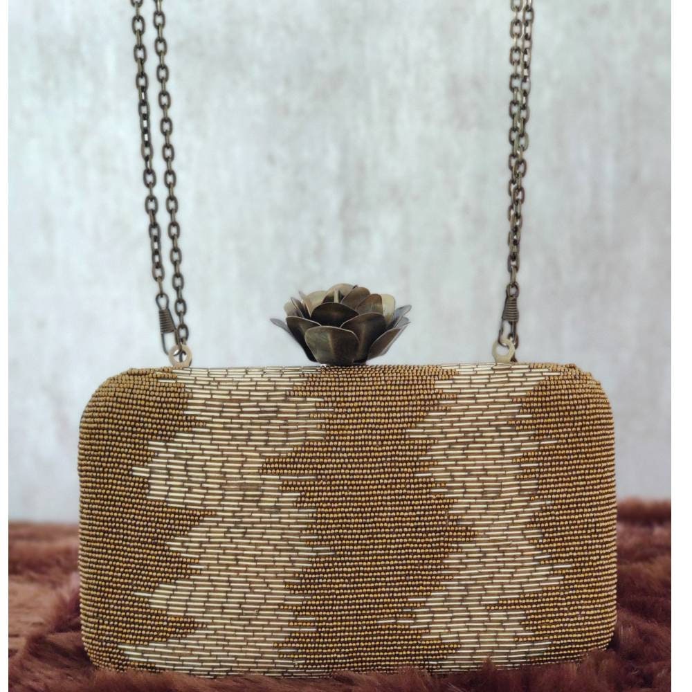 Gold Evening Clutch Handbag , Party Purse Indian Zardozi Clutch Sling, Wedding Bridal Bag, Embellished  Evening Clutch, Gift