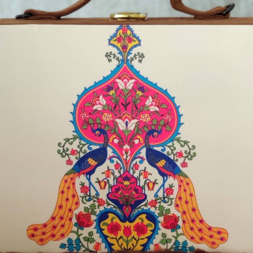 Brown suede MDF Box Clutch Handbag , Party Purse, Cream Printed Box clutches handbags, Wooden clutches, Gift