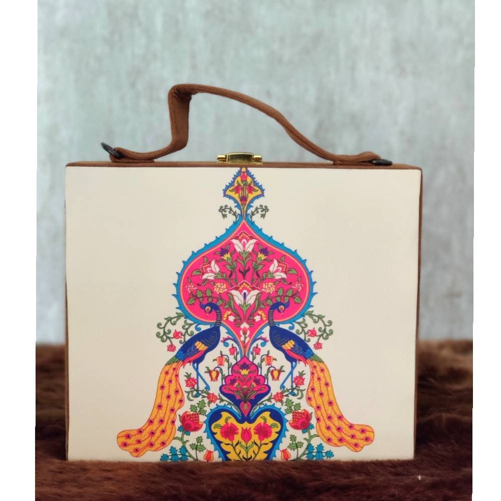 Brown suede MDF Box Clutch Handbag , Party Purse, Cream Printed Box clutches handbags, Wooden clutches, Gift