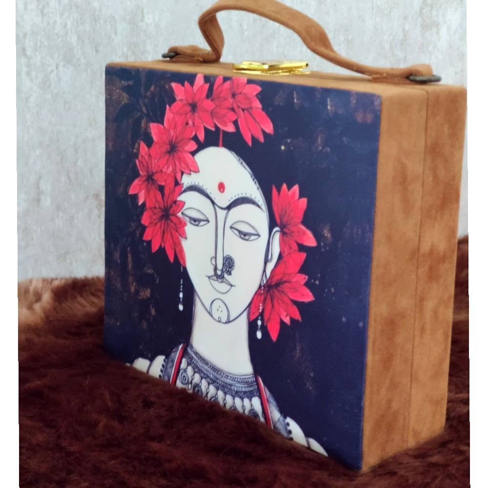 Brown suede MDF Box Clutch Handbag , Party Purse, Black Printed Box clutches handbags, Wooden clutches, Gift