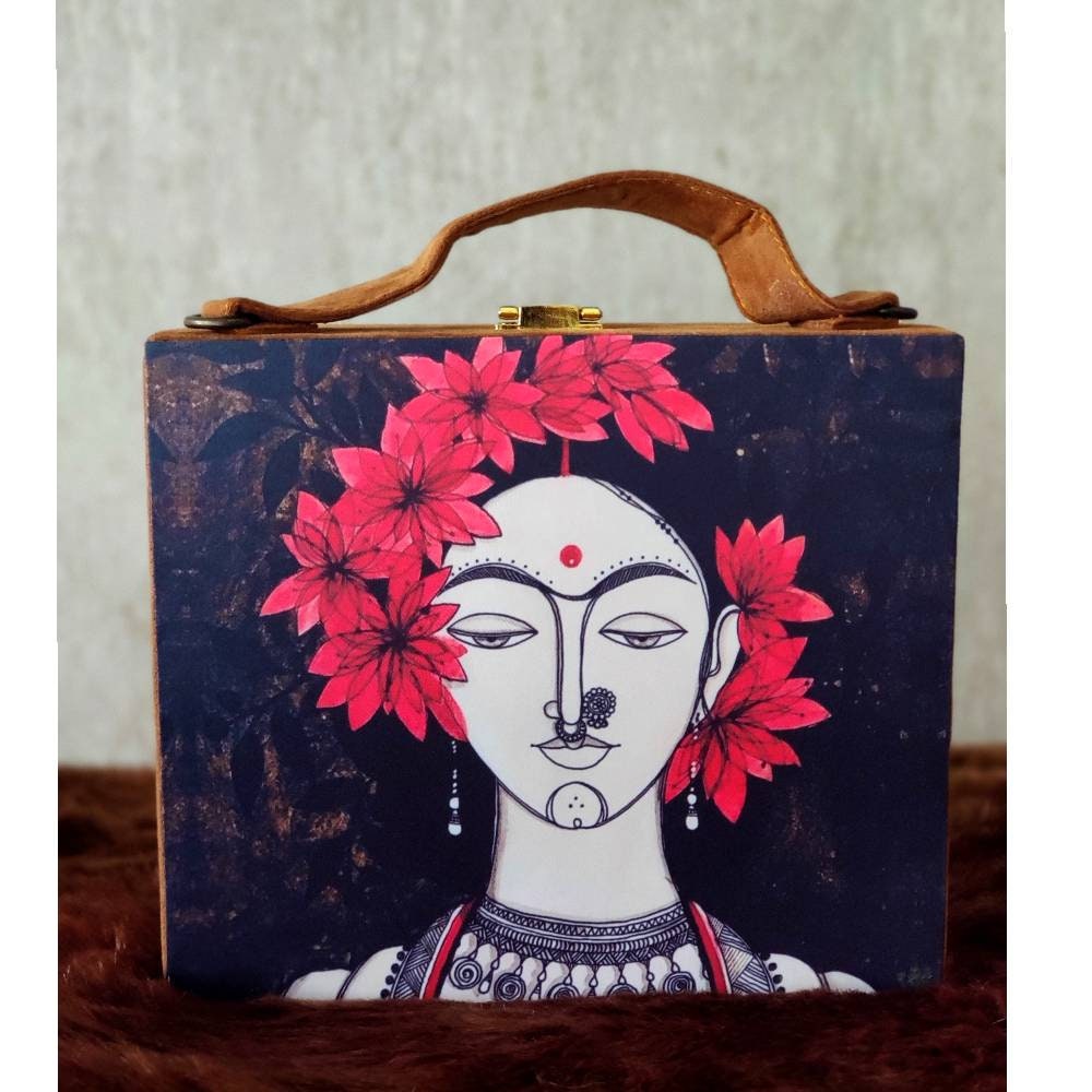 Brown suede MDF Box Clutch Handbag , Party Purse, Black Printed Box clutches handbags, Wooden clutches, Gift