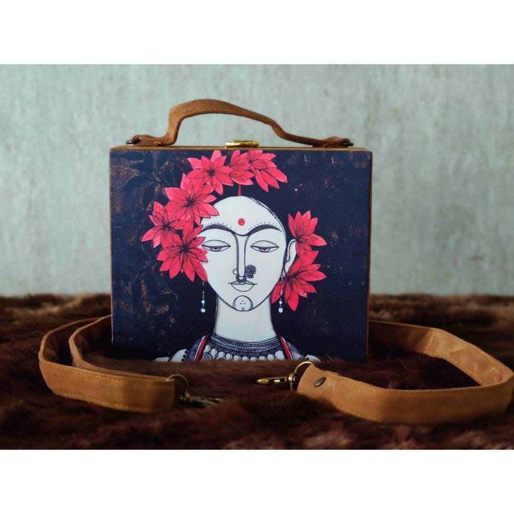 Brown suede MDF Box Clutch Handbag , Party Purse, Black Printed Box clutches handbags, Wooden clutches, Gift