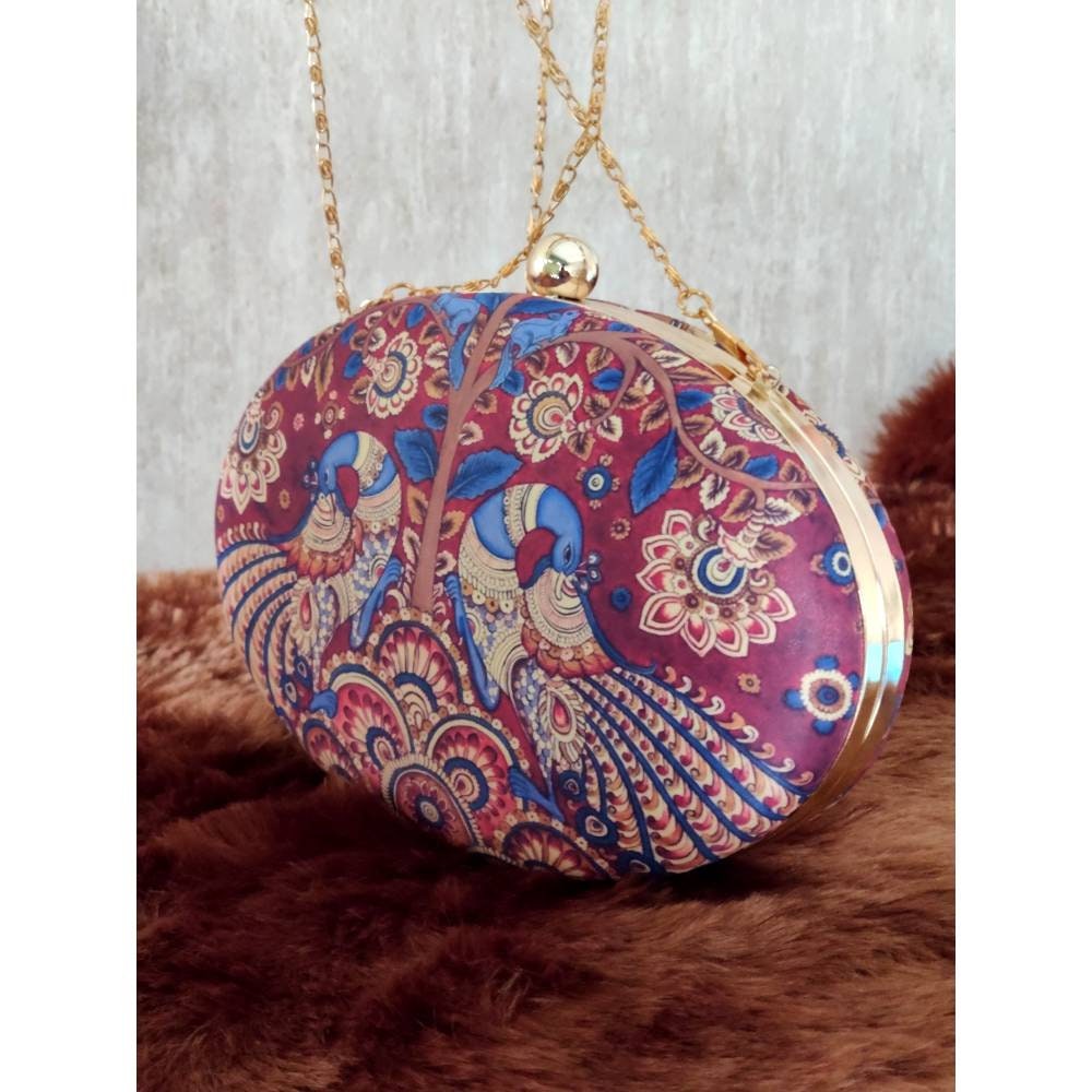 Maroon Printed  Metal evening Clutch handbags | Evening clutches | Indian art bags | Gift for girlfriend| Gift for sister | Birthday gift