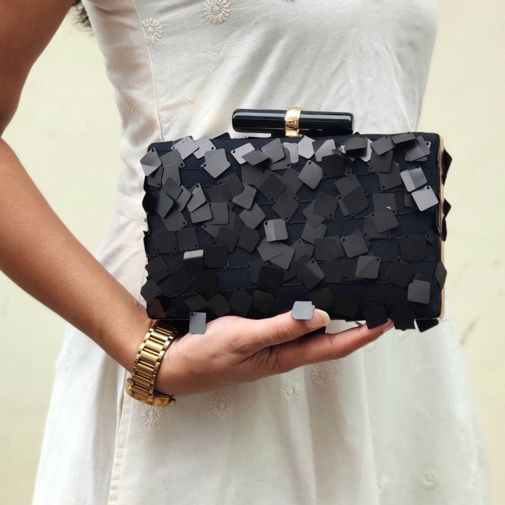 Black Evening Clutch Handbag , Party Purse Indian Zardozi Clutch Sling, Wedding Bridal Bag, Embellished Embroidered Evening Clutch, Gift