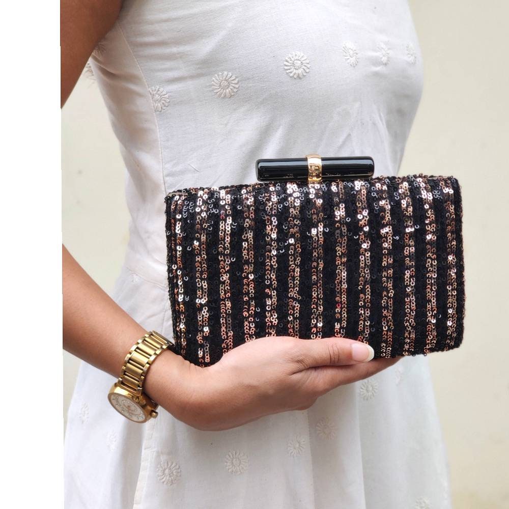 Black Gold sequin Evening Clutch Handbag , Party Purse Indian Zardozi Clutch Sling, Wedding Bridal Bag, Embellished  Evening Clutch, Gift
