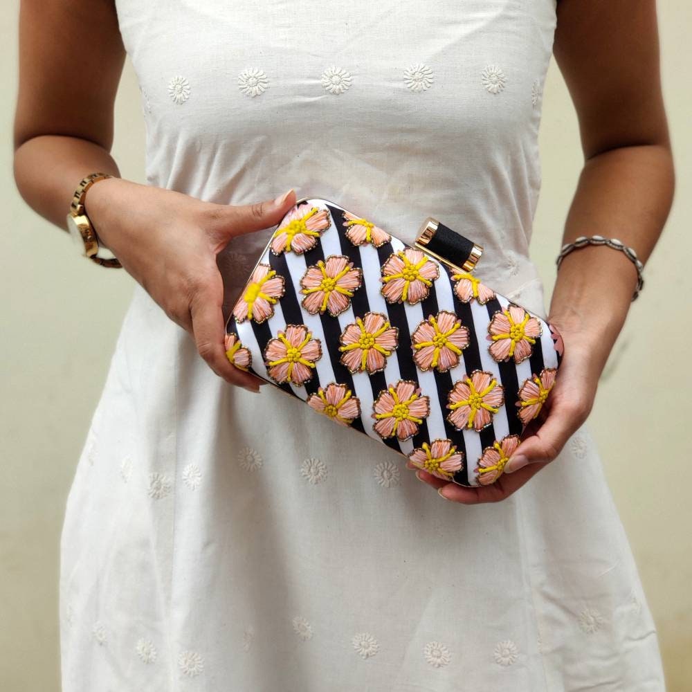 White floral printed Embroidered embellished Evening Clutch  , Party Purse Indian Zardozi Clutch Sling,Wedding Bridal Bag,Gift for her