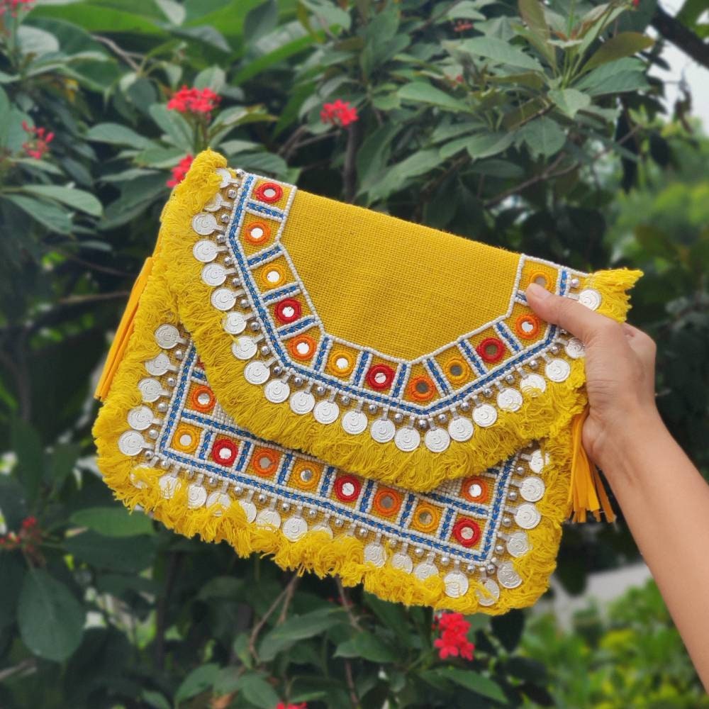 Yellow Banjara Bag, Boho Clutch, Beaded Bohemian Purse, Fashion Sling Bag, Embroidered Bag, Crossbody Bag, Jute Burlap Bag, Tassel Bag