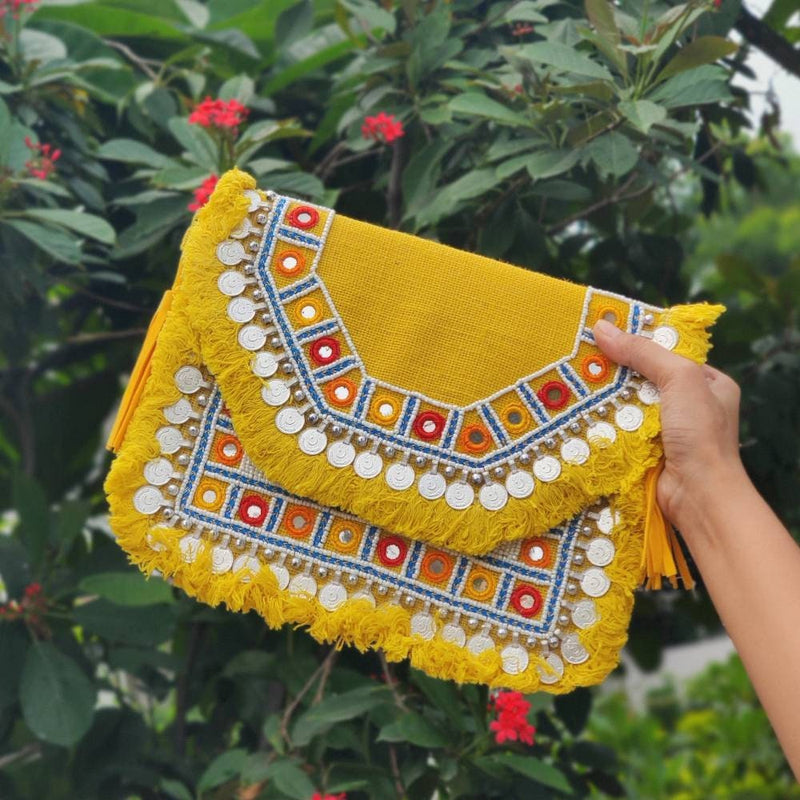 Yellow Banjara Bag, Boho Clutch, Beaded Bohemian Purse, Fashion Sling Bag, Embroidered Bag, Crossbody Bag, Jute Burlap Bag, Tassel Bag