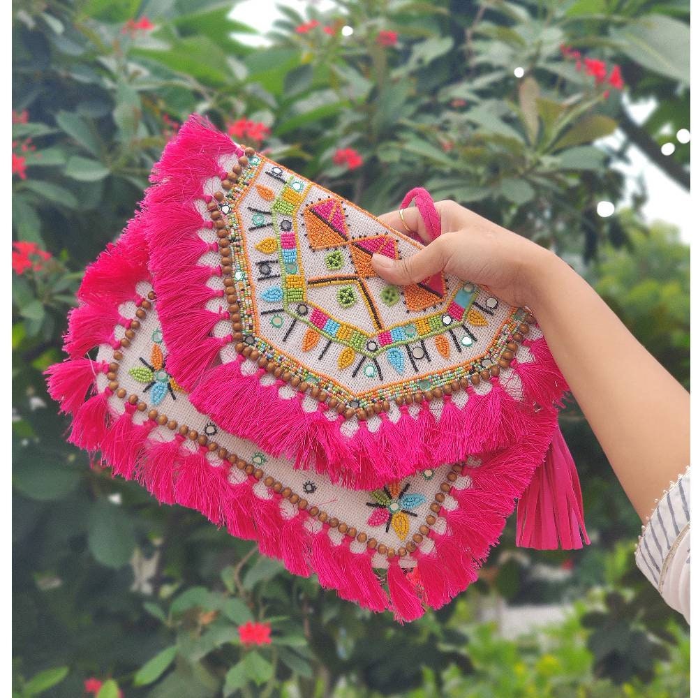 Pink Banjara Bag, Boho Clutch, Beaded Bohemian Purse, Fashion Sling Bag, Embroidered Bag, Crossbody Bag, Jute Burlap Bag, Tassel Bag