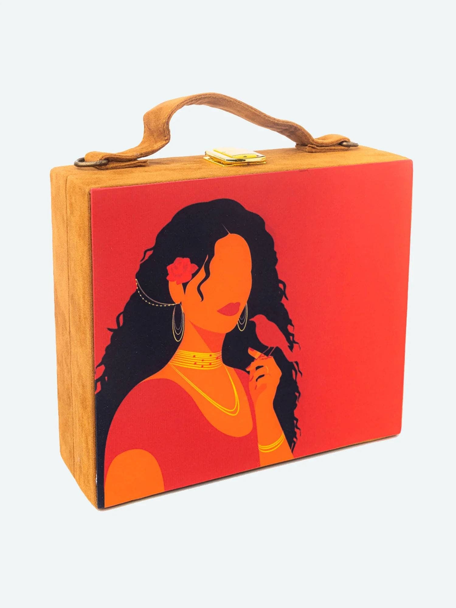 Brown suede MDF Box Clutch Handbag , Party Purse, Maroon Printed Box clutches handbags, Wooden clutches, Gift