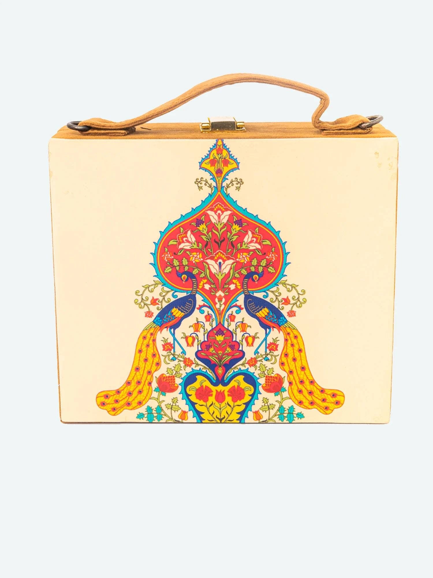 Brown suede MDF Box Clutch Handbag , Party Purse, Cream Printed Box clutches handbags, Wooden clutches, Gift