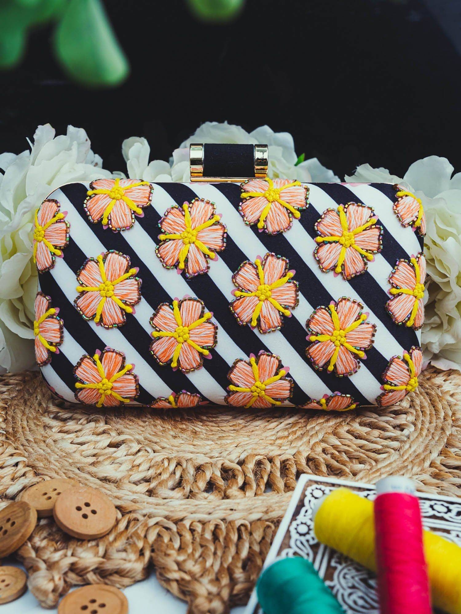 White floral printed Embroidered embellished Evening Clutch  , Party Purse Indian Zardozi Clutch Sling,Wedding Bridal Bag,Gift for her