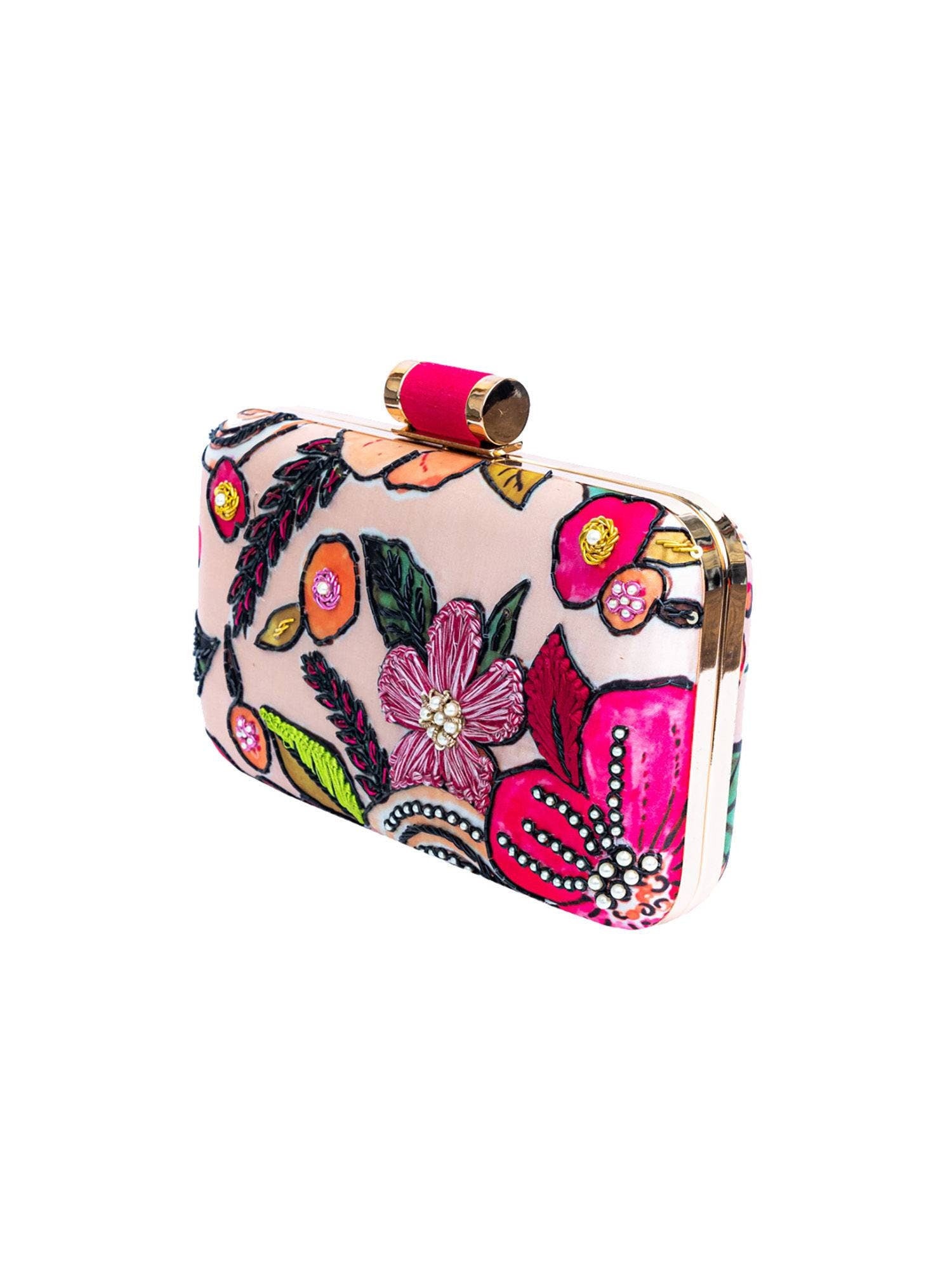Peach color floral printed Embroidered embellished Evening Clutch  , Party Purse Indian Zardozi Clutch Sling,Wedding Bridal Bag,Gift for her