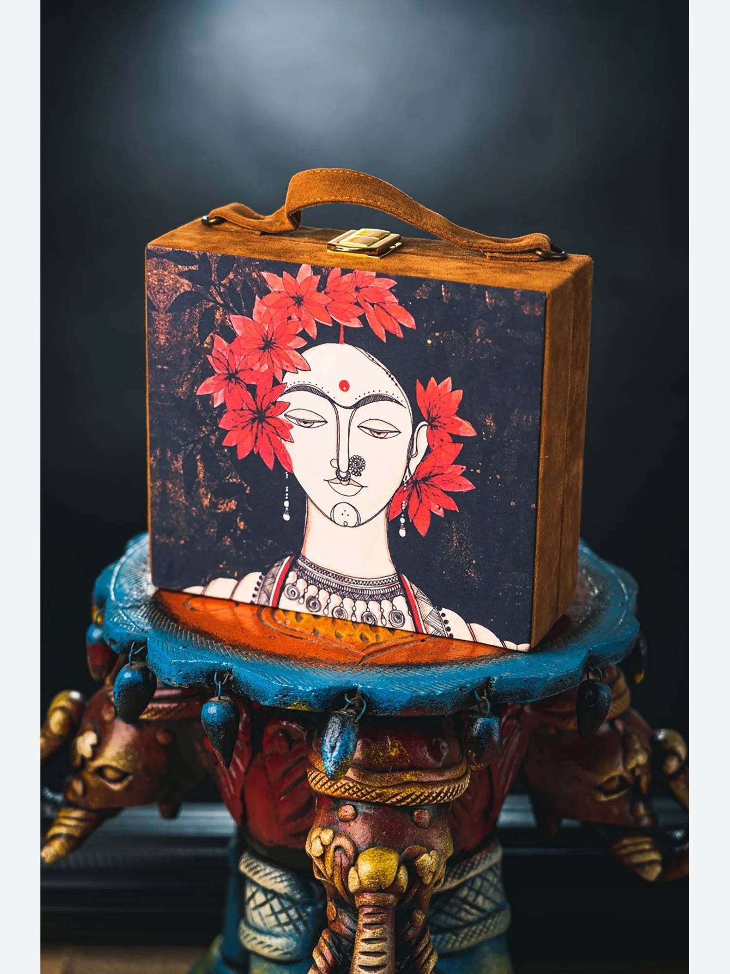 Brown suede MDF Box Clutch Handbag , Party Purse, Black Printed Box clutches handbags, Wooden clutches, Gift