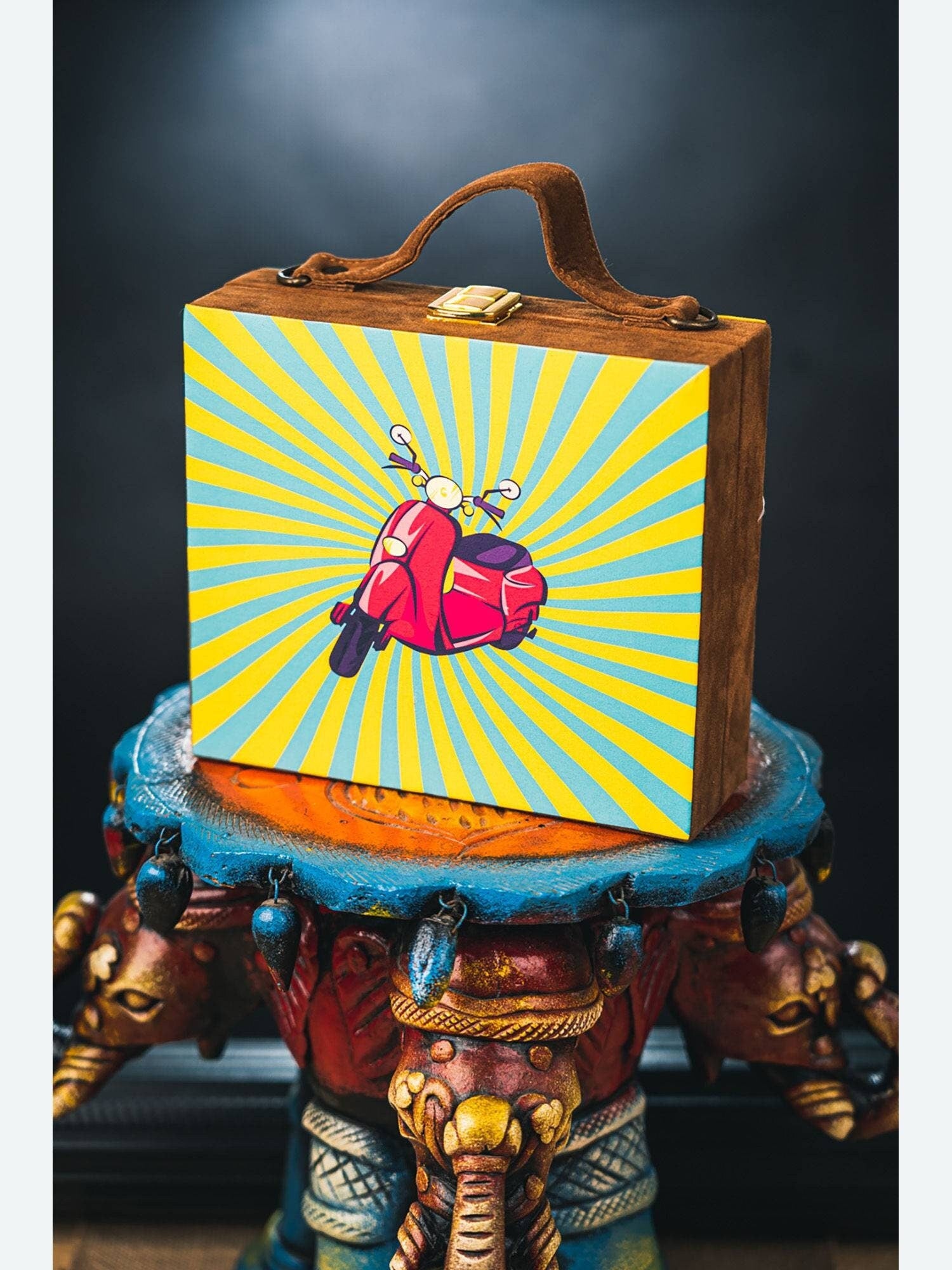 Brown suede MDF Box Clutch Handbag , Party Purse, Printed Box clutches handbags, Wooden clutches, Gift