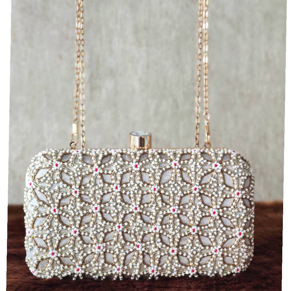 Silver Evening Clutch Handbag , Party Purse Indian Zardozi Clutch Sling, Wedding Bridal Bag, Embellished  Evening Clutch, Gift