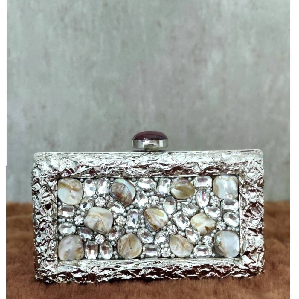 Silver Brass Clutch  , Party Purse Indian Zardozi Clutch Sling, Wedding Bridal Bag, Embellished Embroidered Evening Clutch, Gift