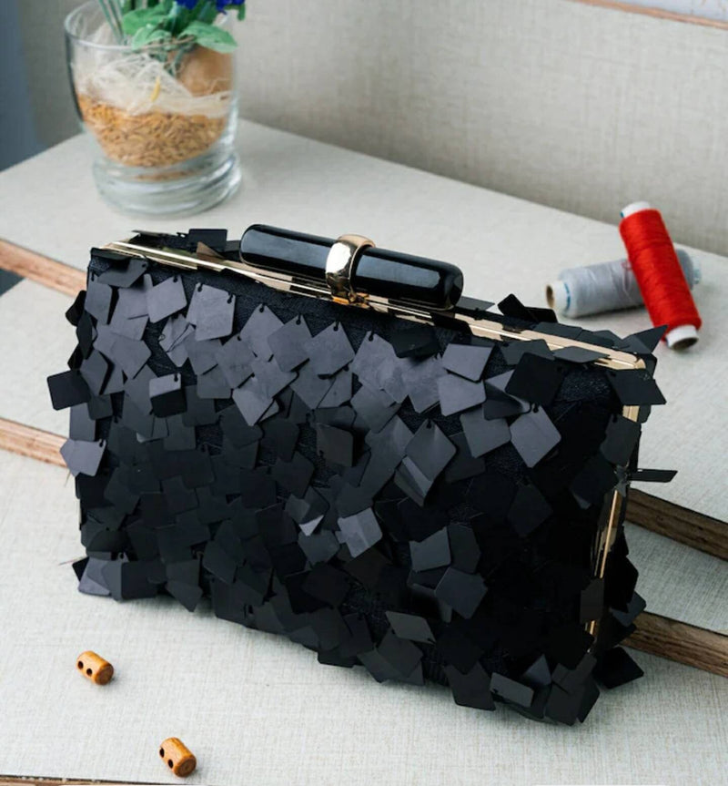 Black Evening Clutch Handbag , Party Purse Indian Zardozi Clutch Sling, Wedding Bridal Bag, Embellished Embroidered Evening Clutch, Gift