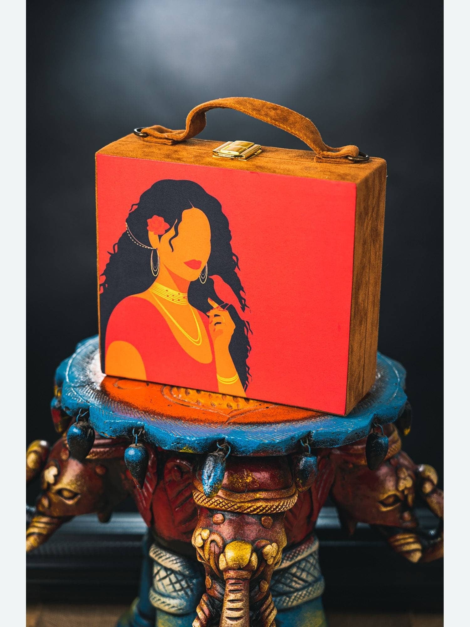 Brown suede MDF Box Clutch Handbag , Party Purse, Maroon Printed Box clutches handbags, Wooden clutches, Gift