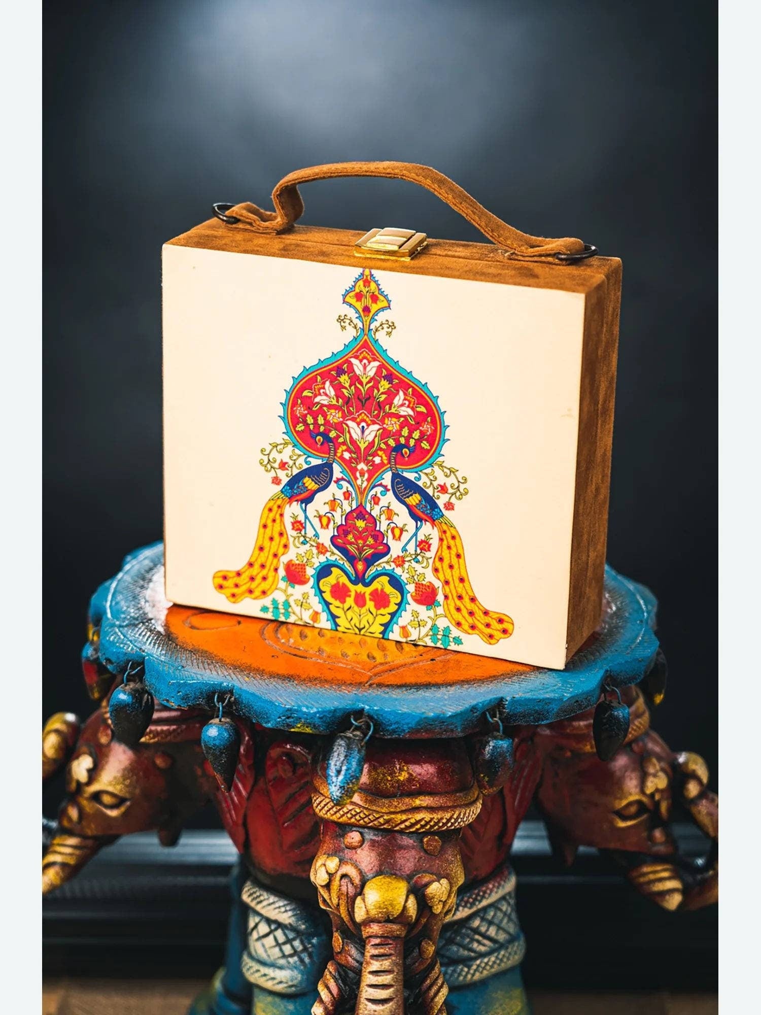 Brown suede MDF Box Clutch Handbag , Party Purse, Cream Printed Box clutches handbags, Wooden clutches, Gift