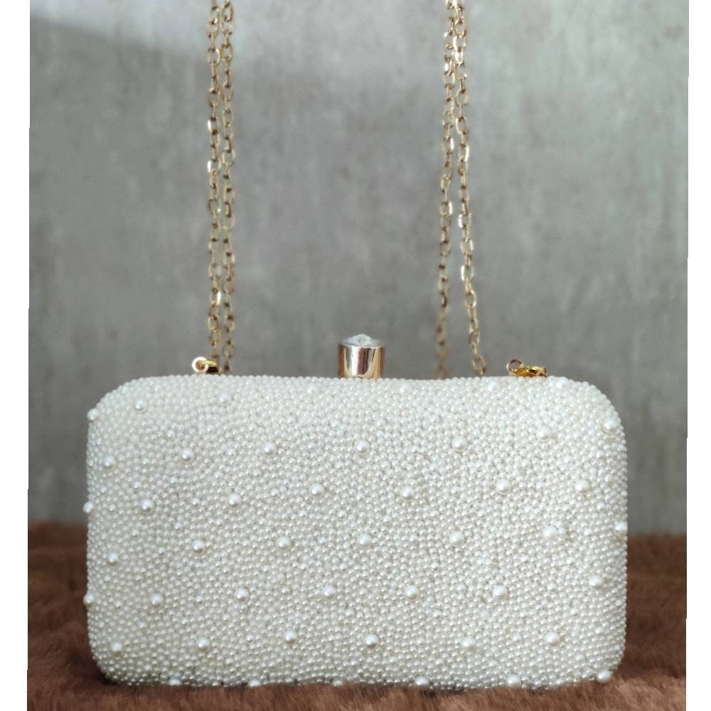 White Pearl Embellish Evening Clutch Handbag , Party Purse Indian Zardozi Clutch Sling, Wedding Bridal Bag, Embroidered Evening Clutch, Gift